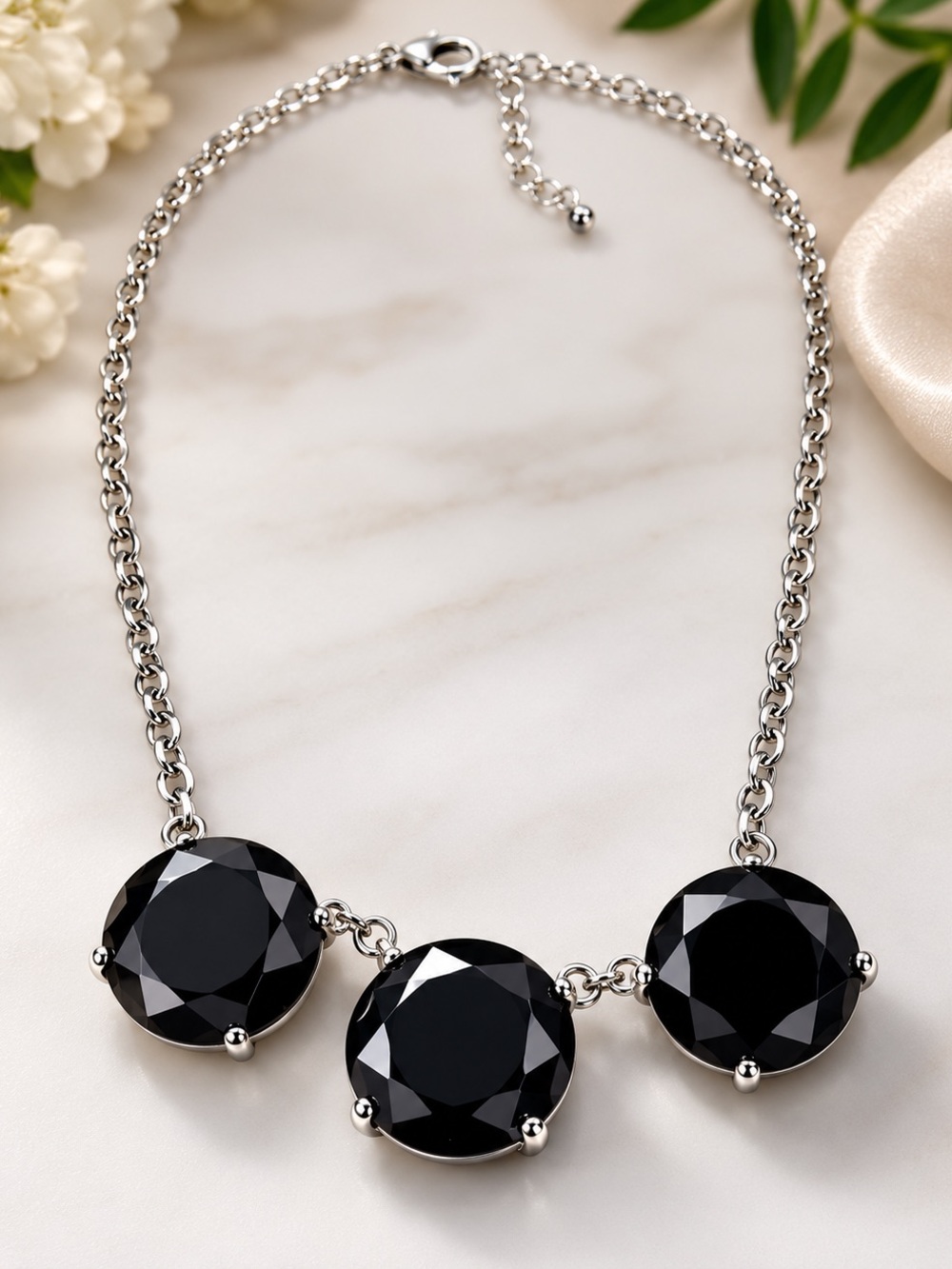 Classic Black Three-Stone Pendant Necklace
